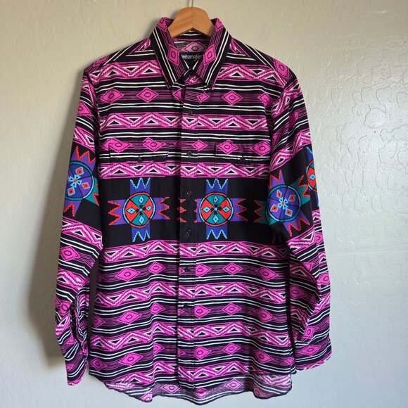 Wrangler Vintage 90's Men's Western Shirt Pink/Blk Southwestern Aztec Cowboy Cut - Picture 1 of 10